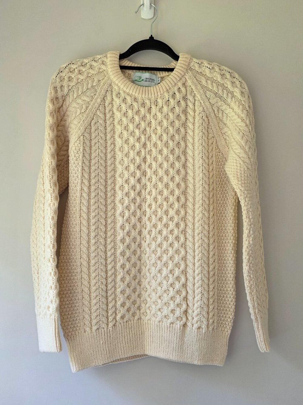 Original Aran Co. Merino Wool Cable Knit Fisherman Crewneck Sweater Med Ivory